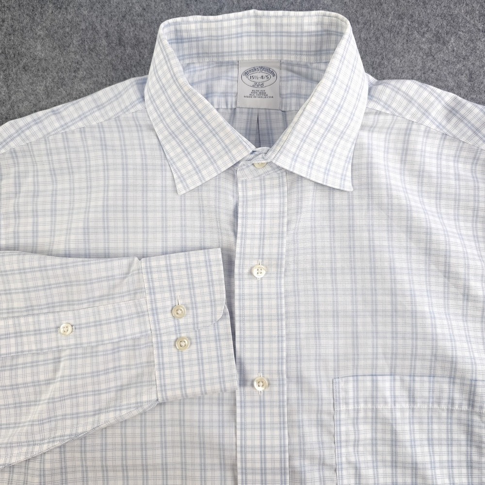 Brooks Brothers Dress Shirt Mens 15.5 4/5 Slim Fit Non Iron White Blue Check